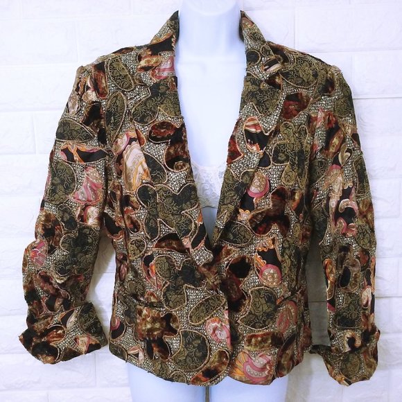 Vintage 90s Boho Chic NYC-USA Patchwork Blazer Silk Novelty Jacket -12 Abstract - Picture 1 of 9